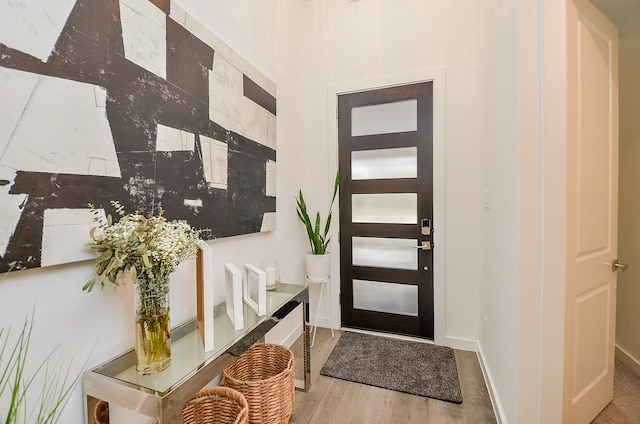 foyer entrance with baseboards and wood finished floors