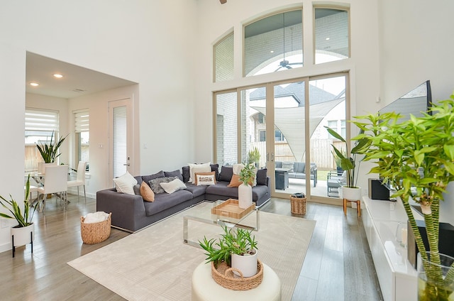 living room featuring a high ceiling and wood finished floors