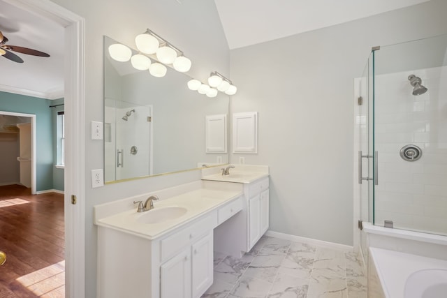 full bath featuring baseboards, a stall shower, ceiling fan, a sink, and marble finish floor