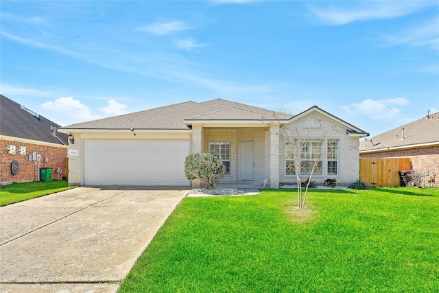 view of front of home featuring a garage, fence, a front lawn, and concrete driveway