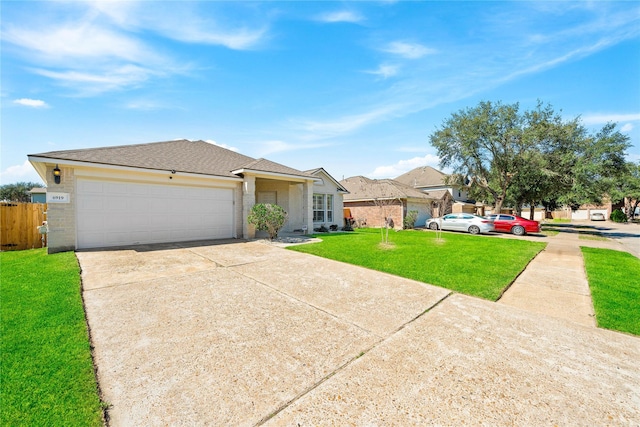 view of front of home with a garage, brick siding, fence, concrete driveway, and a front lawn