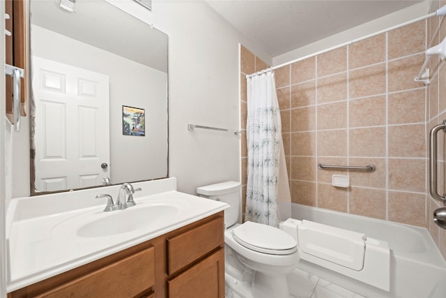 full bath with marble finish floor, vanity, toilet, and shower / bath combo with shower curtain