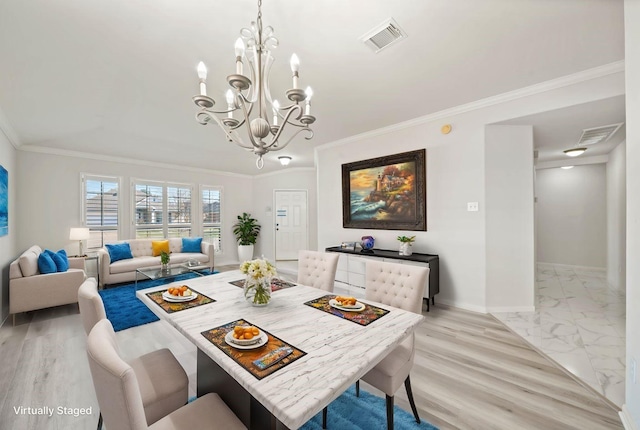 dining area featuring marble finish floor, baseboards, visible vents, and ornamental molding