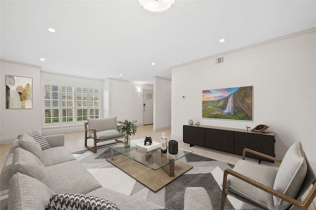 living room with ornamental molding, recessed lighting, visible vents, and light tile patterned floors