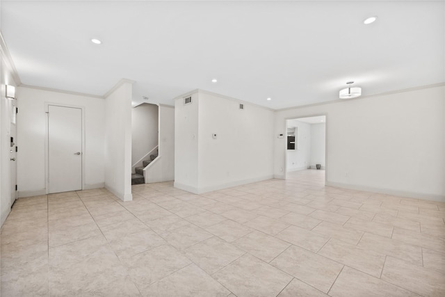 5874 Doliver Dr Unit 121, Houston, TX 77057 - spare room featuring stairs, ornamental molding, recessed lighting, and baseboards
