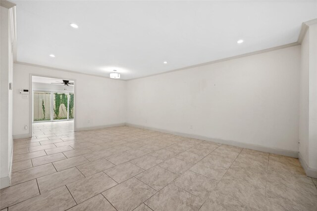 empty room featuring baseboards, ornamental molding, a ceiling fan, and recessed lighting