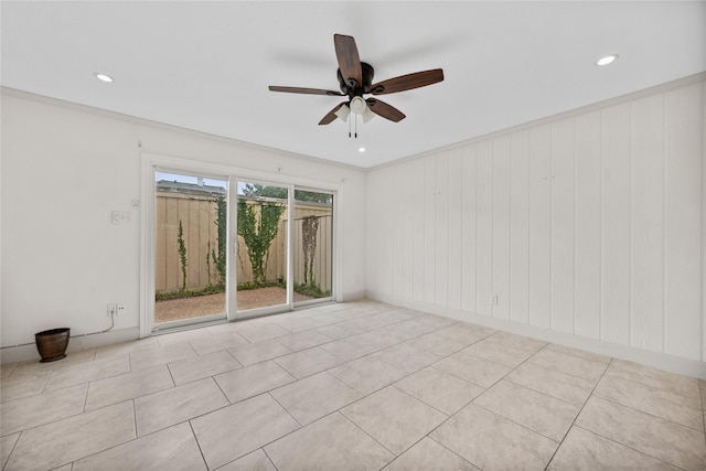 empty room with ceiling fan, ornamental molding, and recessed lighting