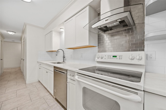 kitchen with white electric stove, stainless steel dishwasher, a sink, and white cabinets