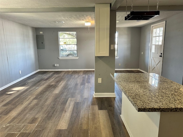 kitchen with stone counters, white cabinetry, a wealth of natural light, electric panel, and dark wood-style floors