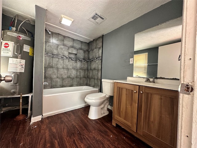 bathroom with toilet, electric water heater, shower / bath combination, wood finished floors, and visible vents