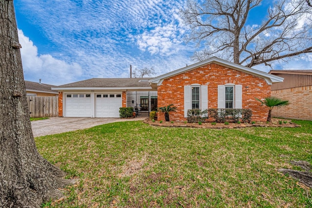 ranch-style home with a garage, driveway, fence, a front lawn, and brick siding