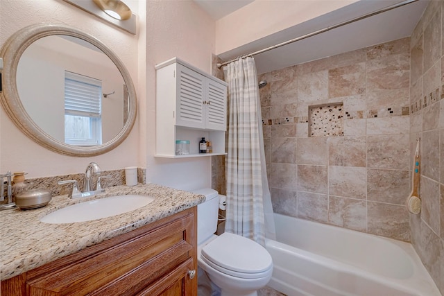 full bath with vanity, toilet, and shower / bathtub combination with curtain