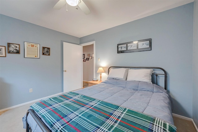 bedroom with carpet flooring, ceiling fan, and baseboards