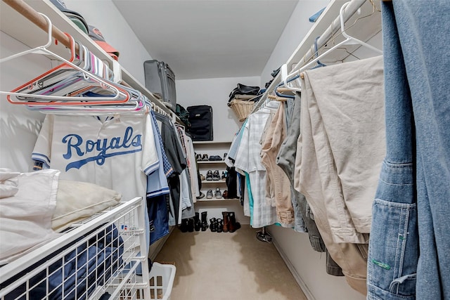 walk in closet featuring carpet flooring