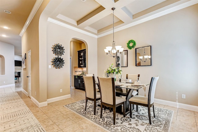 tiled dining space featuring coffered ceiling, a fireplace, beam ceiling, and baseboards