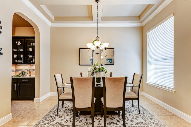 dining room with ornamental molding, light tile patterned flooring, coffered ceiling, and baseboards