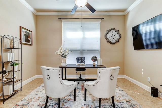 office featuring baseboards, a ceiling fan, and crown molding