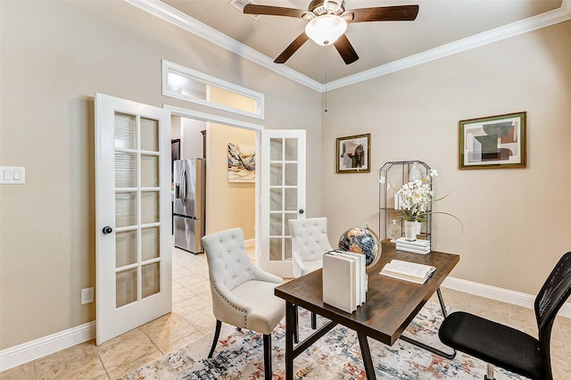 home office featuring ornamental molding, french doors, and baseboards