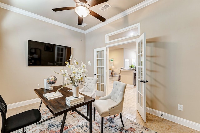 office with baseboards, visible vents, ornamental molding, french doors, and light tile patterned flooring