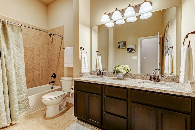 bathroom featuring shower / bath combination with curtain, tile patterned flooring, a sink, and double vanity