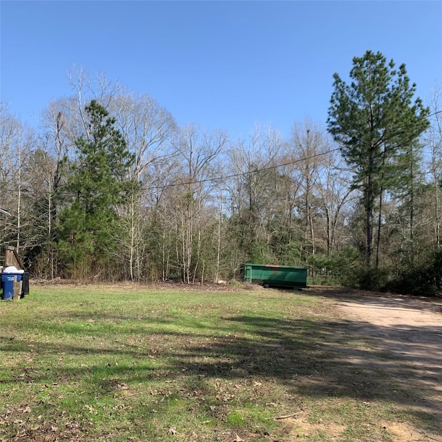 view of yard featuring a forest view