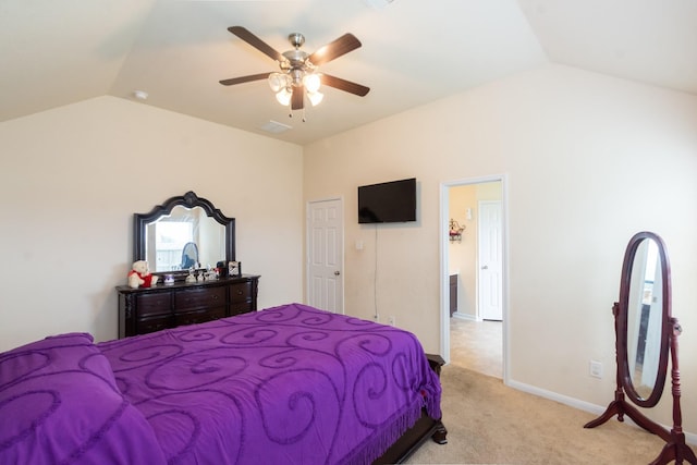 bedroom featuring lofted ceiling, ceiling fan, baseboards, and light colored carpet