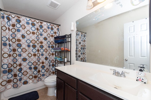 full bath featuring shower / bath combination with curtain, visible vents, toilet, vanity, and tile patterned floors