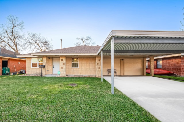 ranch-style home with driveway, a shingled roof, an attached garage, a front lawn, and brick siding