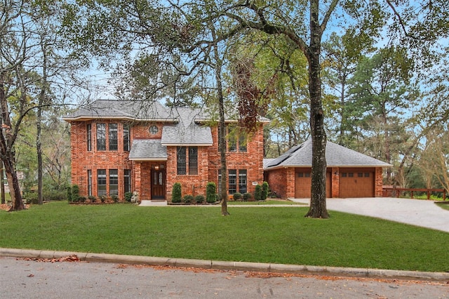 view of front facade with brick siding, a shingled roof, concrete driveway, a garage, and a front lawn