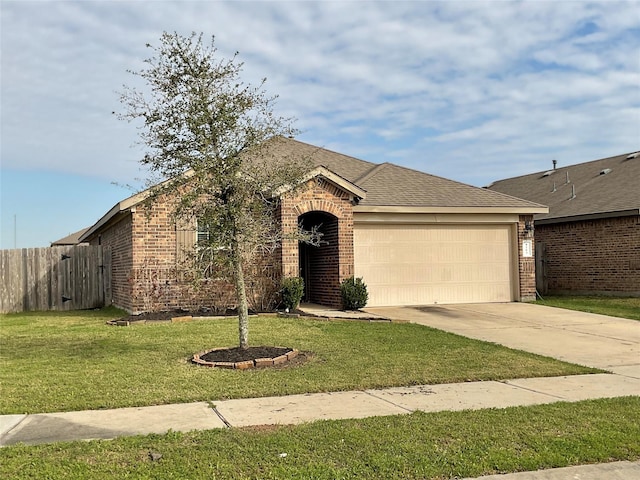 single story home featuring a front lawn, driveway, fence, a garage, and brick siding