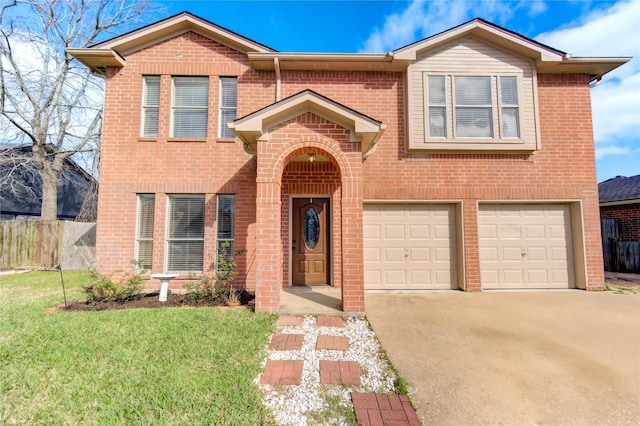 traditional home featuring brick siding, concrete driveway, fence, a garage, and a front lawn