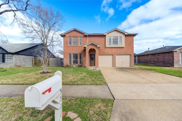 traditional-style home with a garage, concrete driveway, fence, a front yard, and brick siding