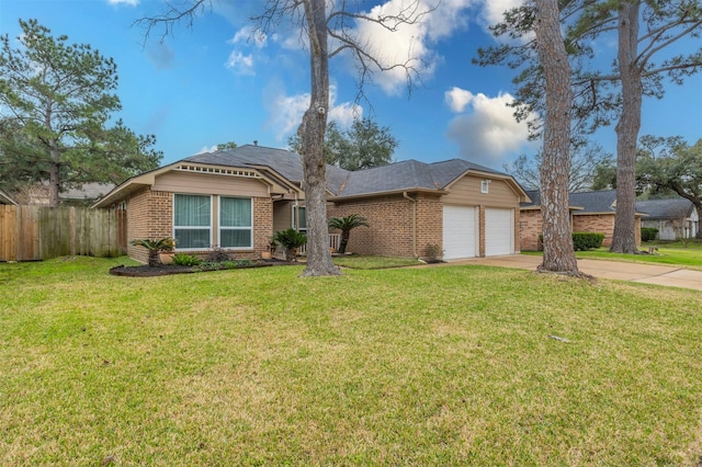 ranch-style home featuring fence, a front lawn, and brick siding