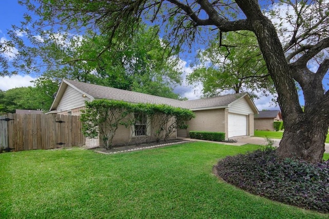 ranch-style house featuring an attached garage, brick siding, fence, driveway, and a front lawn