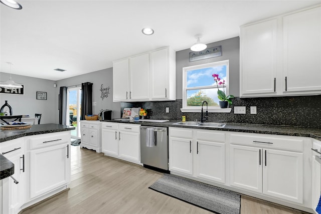 kitchen featuring a sink, backsplash, white cabinets, and stainless steel dishwasher