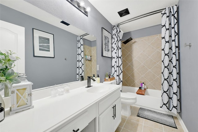 full bath with toilet, shower / tub combo, tile patterned flooring, and vanity