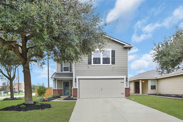 view of front of house featuring a garage, a front yard, concrete driveway, and brick siding