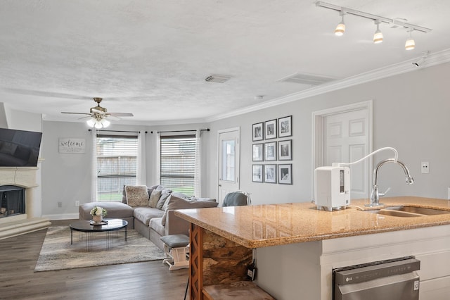 kitchen with a center island with sink, white cabinets, open floor plan, light stone countertops, and a sink