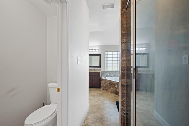 full bath featuring visible vents, a shower stall, toilet, and a bath