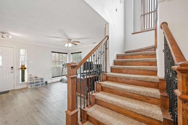 stairway featuring ceiling fan, crown molding, and wood finished floors