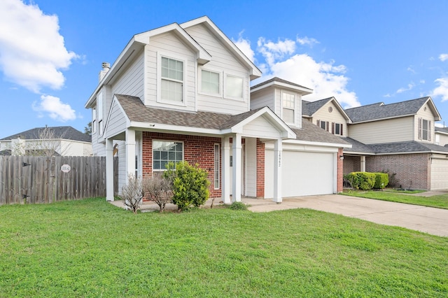 traditional-style home with driveway, a shingled roof, fence, a front lawn, and brick siding