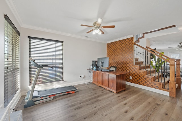 office space with a ceiling fan, light wood-style floors, crown molding, and baseboards