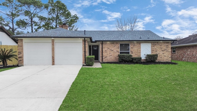 single story home with a front lawn, roof with shingles, driveway, and an attached garage