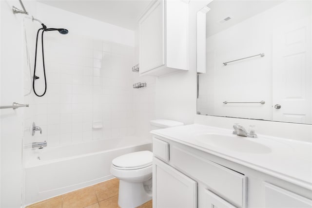 full bath featuring visible vents, toilet,  shower combination, tile patterned flooring, and vanity