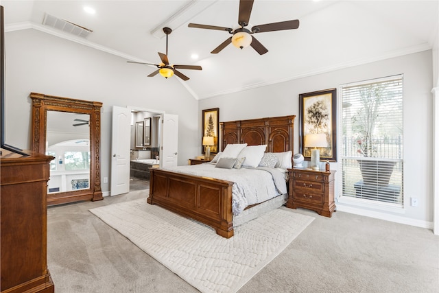 bedroom featuring light carpet, vaulted ceiling, visible vents, and crown molding