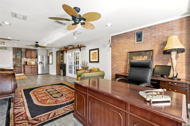 office area with recessed lighting, visible vents, and tile patterned floors