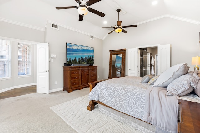 carpeted bedroom with ornamental molding, lofted ceiling, visible vents, and baseboards