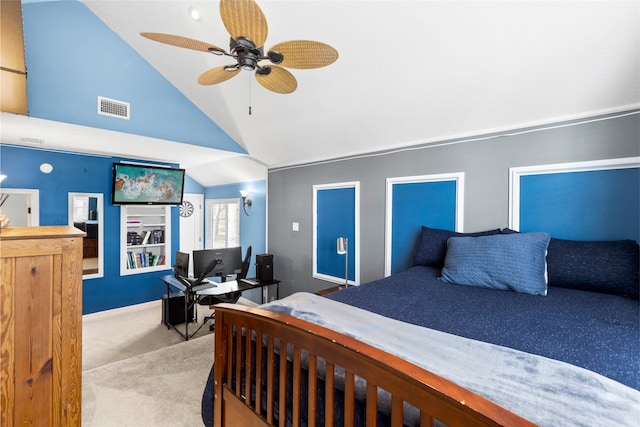 carpeted bedroom featuring visible vents, vaulted ceiling, and a ceiling fan