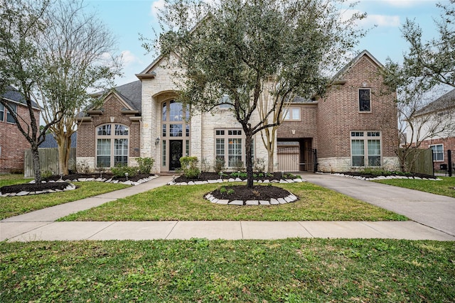 view of front facade with brick siding, fence, stone siding, driveway, and a front lawn