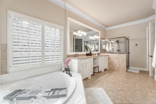 full bathroom featuring a stall shower, ornamental molding, a whirlpool tub, tile patterned flooring, and vanity